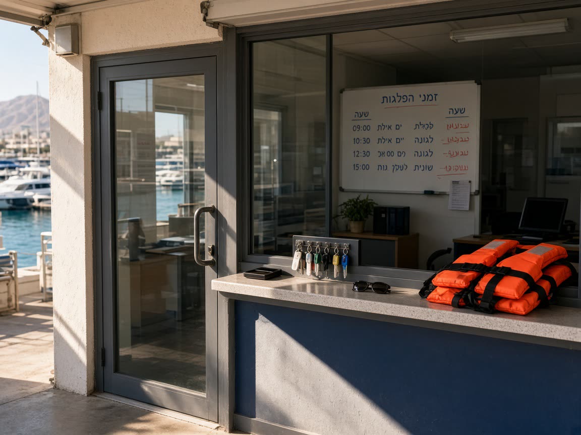 Basin-side office door of Eilat Keel Marine Ltd on Ha-Dekel Street