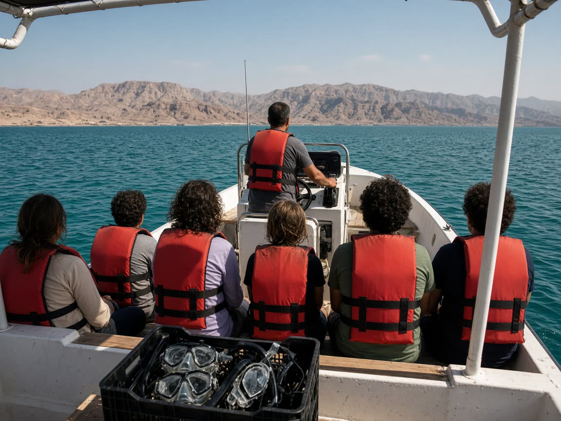 Skippered center-console leaving Eilat marina on an Eilat Keel Marine trip